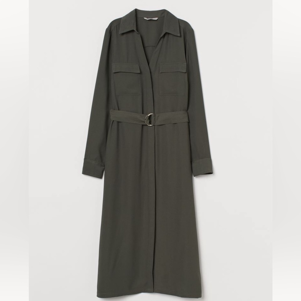 Knee length button down shirt dress with belt